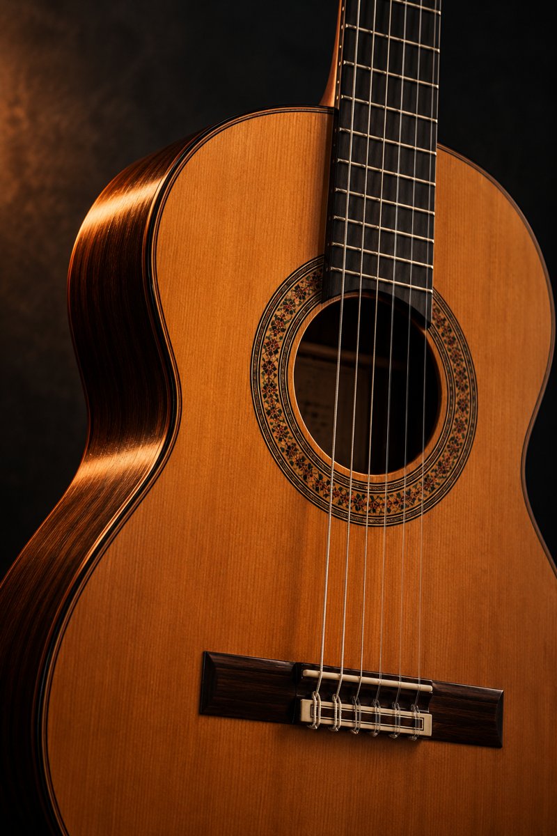 Warmly lit classical guitar showing its nylon strings and wooden soundboard